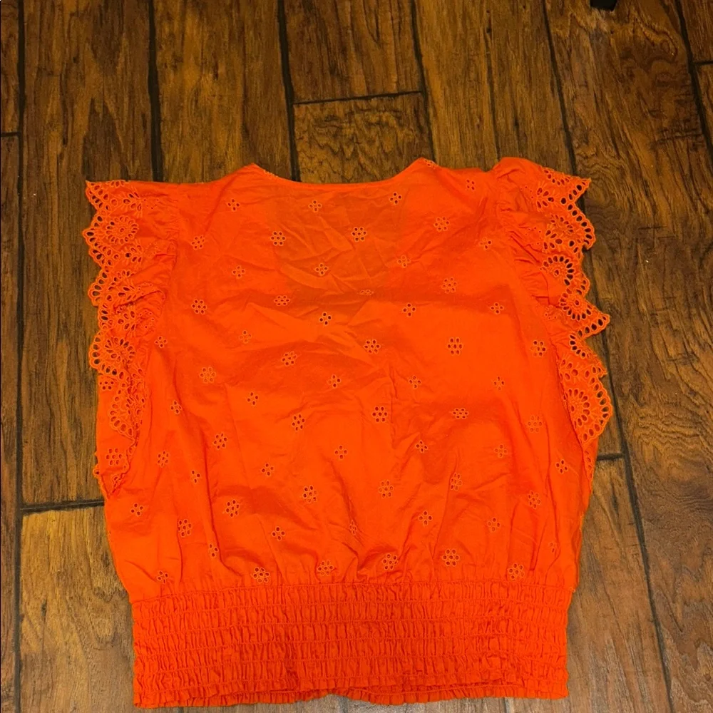INC Bright Orange Eyelet Flutter Sleeve Women's Top - Picture 3 of 4